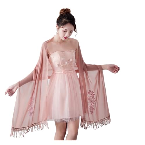 Robe de soirée longue dentelle mousseline cape pompons écharpe