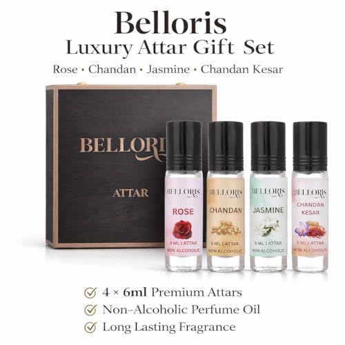Image of Rose ,Chandan, Jasmine & Chandan Kesar, 4 x 6ml, Attar Gift Set for Men & Women, Non Alcoholi Perfume Oil | Premium Roll On Ittar Fragrance Gift Box Special Occasions Eid, Ramadan, and Umrah Gifts