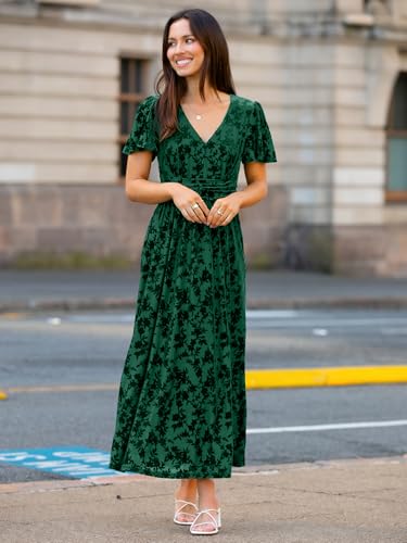 Image of Simplee Women's Velvet Maxi Dress V Neck Short Sleeve Empire Waist Semi Formal Long Cocktail Dresses