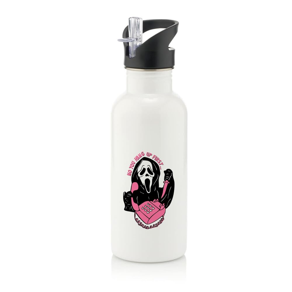 No You Hang Up First, Horror, Ghostface, Ghost Mask, Halloween, Stainless Steel 600ml Water Bottle with Straw. (White)