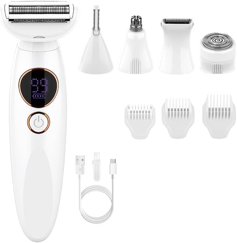 Elios Rasoir Femme, Rasoir Elios Femme 5 en 1, Rasoir Femme, Épilateur Électrique avec Affichage LED et Chargement USB, IPX7 Étanche, pour Bikini, Aisselles