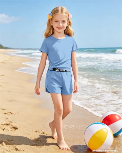 Image of Bestuline Girls Summer 2 Piece Outfits,Basic Short Sleeve Top & Shorts Set with Side Pockets,4-14Y