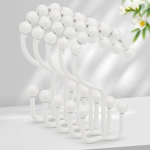 Resze Shower Curtain Hooks Metal Double Shower Curtain Rings 12 Pcs Glide Roller Shower Hooks Rust-Resistant Anti-Drop Shower Rings Smooth Sliding Hooks for Bathroom Shower Rods CurtainsWhite