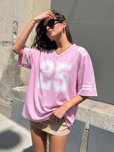 Image of Jersey Shirts for Women Y2k Graphic Tees V Neck Baggy Streetwear Number Oversized T Shirt Summer Tops
