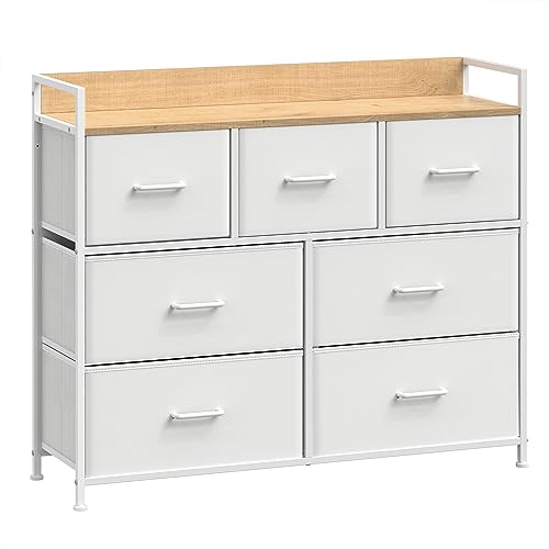 SONGMICS Chest of Drawers Bedroom Cabinet 7 Fabric Drawers with Handles Metal Frame Cloud White and Oak Beige LTS523W57