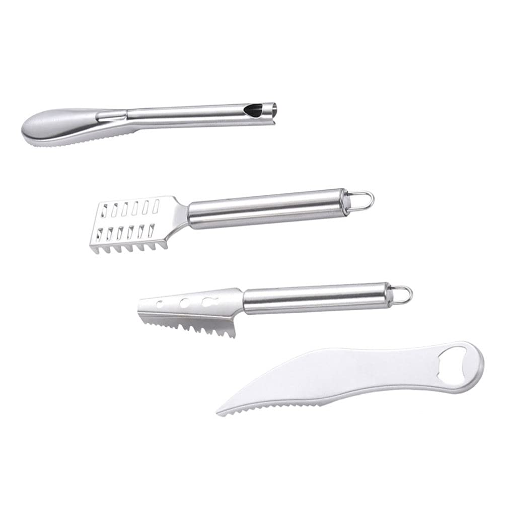 TOPBATHY 4Pcs Stainless Steel Fish Scaler Brush Fish Scaler Remover with Bottle Opener Smoof Easily Remove Fish Scales Skin Cleaning Tool Scraper