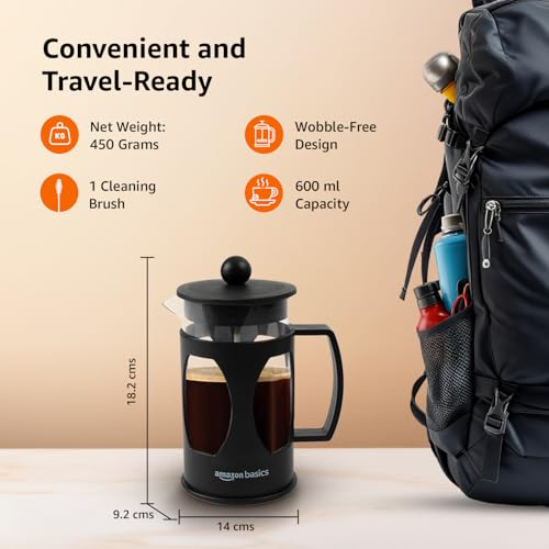 Image of Amazon Basics French Press Coffee and Tea Maker | 4-Level Filtration System | Heat Resistant Borosilicate Glass | 600ml (Black)