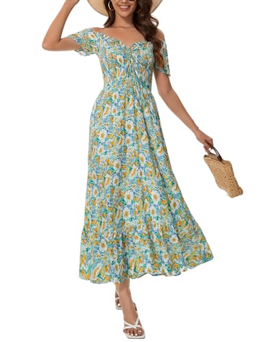Image of Summer Smocked Boho Maxi Dress for Women 2026 Short Sleeve Floral Smocked Flowy Ruffled Beach Vacation Dresses Lightweight