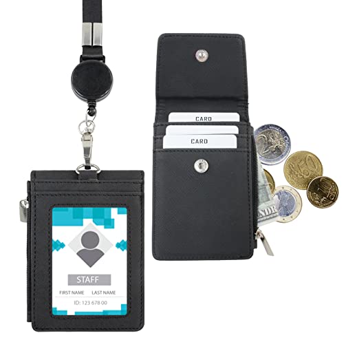Boshiho Multipurpose Lanyard Badge Holder - Pu Leather Badge Holder Pocket With 4 Card Slots, 1 Side Blocking Pocket For Offices, School, Credit Cards, Driver Licence (Black) #TOP29