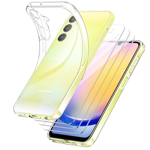 YNMEacc Cover for Samsung Galaxy A25 5G, Case Samsung A25 Transparent with 3 Pieces Tempered Glass Film, Slim Soft Silicone TPU Shockproof Case for Samsung Galaxy A25 5G YNMEacc Cover for Samsung Galaxy A25 5G, Case Samsung A25 Transparent with 3 Pieces Tempered Glass Film, Slim Soft Silicone TPU Shockproof Case for Samsung Galaxy A25 5G