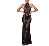 KELYWELL Women's Halter Sequin Maxi Dresses Sleeveless Backless Sexy Sheer See Through Sequin Dress Elegant Evening Gown (Black,Small)