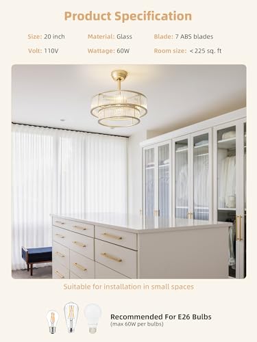 Image of 20 Inch Gold Crystal Fandelier Ceiling Fan with Light, Mid Century Gold Fandelier Ceiling Fans with Lights Remote Control, Caged with 6 Speeds for Bedroom, Nursery, Living Room(US-FS-SJ03)