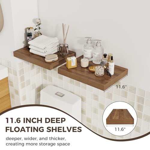 Image of Fun Memories 12 Inch Deep Floating Shelves, 16 x 12 Wooden Wall Shelves, Extra Deeper & Thicker Rustic Wall Mounted Storage Shelf for Fireplace, Living Room, Kitchen, Farmhouse, Walnut - 3Pack