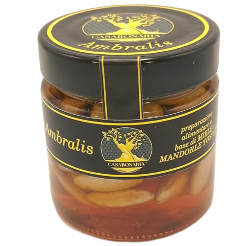 Casa Bonaria Ambralis - Miel con Almendras Tostadas 240g, Miel Artesanal de Flores Silvestres de Verano, Hecha en Italia, Sabor Natural, Ideal para Desayunos y postre