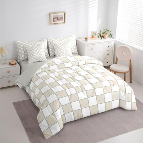Image of Erosebridal Plaid King Comforter Set with Sheets 7 Piece Beige White Checkerboard Bed in A Bag Geometric Checkered Bedding Sets for Kids Adults,Aesthetic Grids Bed Set