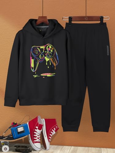Image of HELLCAT Printed Cotton Blend Hoodie T-shirt and Jogger Trackpant Clothing Set for Boys.