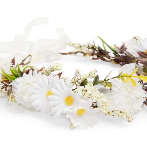 Image of Radhu & Kabby White Daisy Floral Hair Tiara for Women | Artificial Flower Crown with Ribbon Tie | Elegant Hair Accessory for Weddings, Haldi, Photoshoots & Parties | Lightweight | 1 Pc