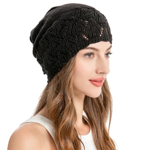 ZLYC Damen Sommer Strickmützen Handstricken Häkelmütze Scntage Beanie Mütze(Solides Schwarz)