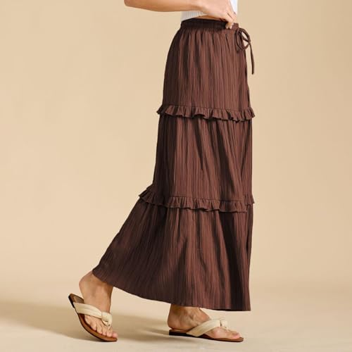 Lmdudan 2025 Women's Boho Tiered Maxi Skirt Elastic High Wasited Flowy Ruffle Skirts Beach Vacation Summer Long Skirt3