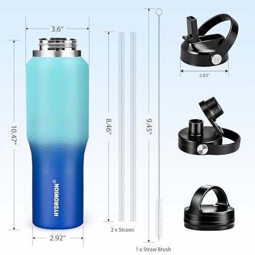 Image of HYDROWION 32oz Water Bottle, Double Wall Vacuum Stainless Steel Insulated Water Flask with Straw Lid, Spout Lid and Flex Cap(Cold for 48 Hrs, Hot for 24 Hrs), Leakproof Travel Thermo Mug, Mint&Cobalt