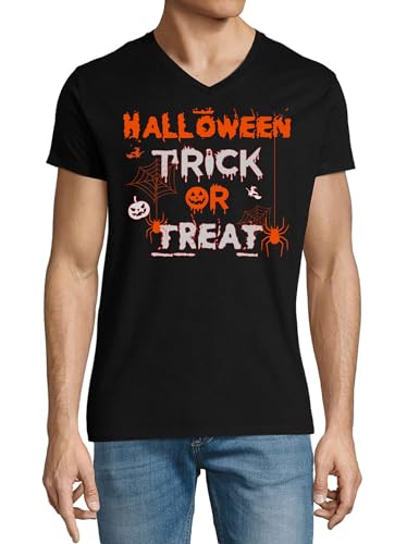 T-shirt Halloween col en V coton noir pour homme à motif toile d'araignée
