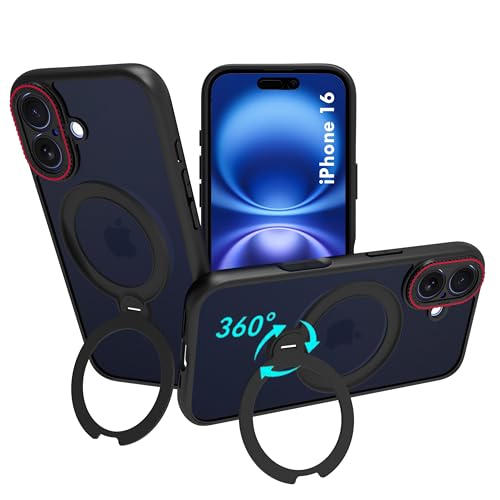 Image of RIGGEAR Shockproof Tough Hybrid Armor 360 Rotating Magnetic Ring Stand Back Cover Case Compatible with MagSafe Accessories for iPhone 16 (Smoke Black Matte PC and Black TPU Bumper)