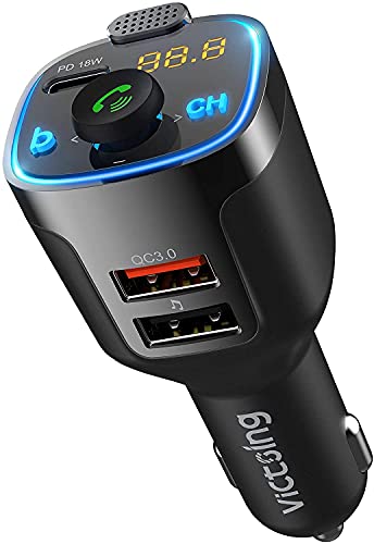 VicTsing(Upgraded Version) V5.0 Bluetooth FM Transmitter for Car, 23W PD+QC3.0 Wireless Bluetooth Car Adapter/Car Kit/Music Player with 3 USB Ports, Bass Model, Hand-Free Calling, Blue LED