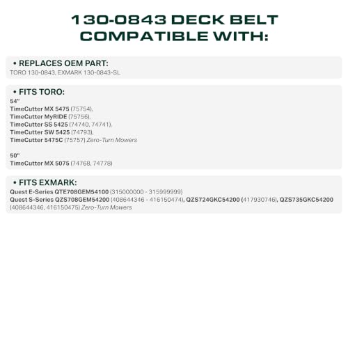 Image of UDC Parts 130-0843 Deck Belt /Replacement for Toro TimeCutter 54 Inch Deck Belt, Fits MX5475 MX5075 SS5425 SW5425 5475C 75754 74768 74778 75756 74740 130-0843-SL Exmark Quest /145 inch x 1 /2 inch Aramid Cord