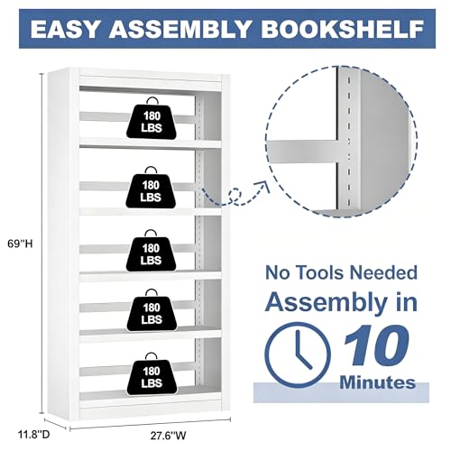 Image of VASAAOSD Metal Bookshelf, Adjustable 5 Tier Bookcases (69 inch Tall, White) | No Tools Needed, Heavy Duty, Easy Assembly, Sturdy Metal, Tall Book Shelf for Home Office, Living Room, Study, Library