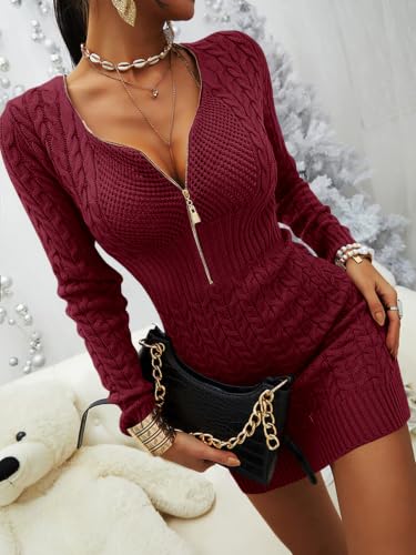 Image of Veatzaer Womens Zip V Neck Long Sleeve Cable Knit Mini Sexy Sweater Dressse