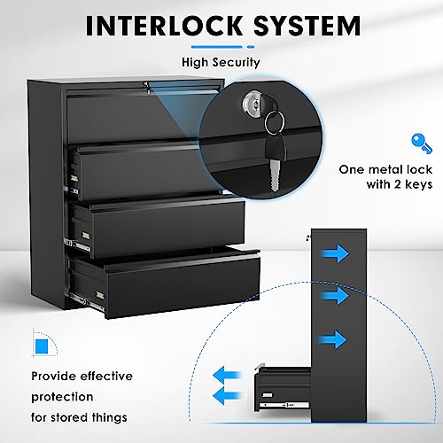 Greenvelly 4 Drawer Lateral File Cabinet With Lock, Black Locking Lateral Filing Cabinet With Drawers, Office Metal File Cabinets For Legal Letter Size With Keys And Hanging Frame thumb #3