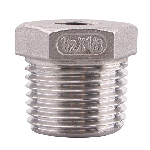 DERPIPE Stainless Steel Reducer Hex Flush Bushing, 1/2\" NPT Male 1/8\" NPT Female,Reducing Adapter Cast Pipe Fitting (Pack of 2)