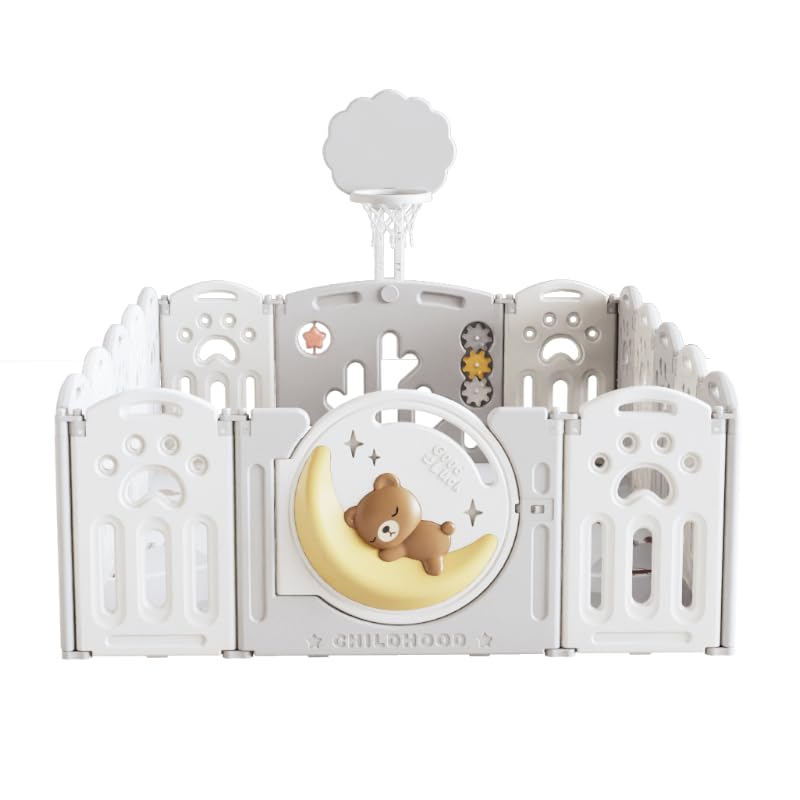 Parque Infantil 180x150cm Corralito para Juegos de Bebe Plegable con Puerta LED y Canasta con 20 Bolas y Paneles de Seguridad HDPE Sin BPA Parque Bebé Interior y Exterior Oso Luna Desarrollo Gateo