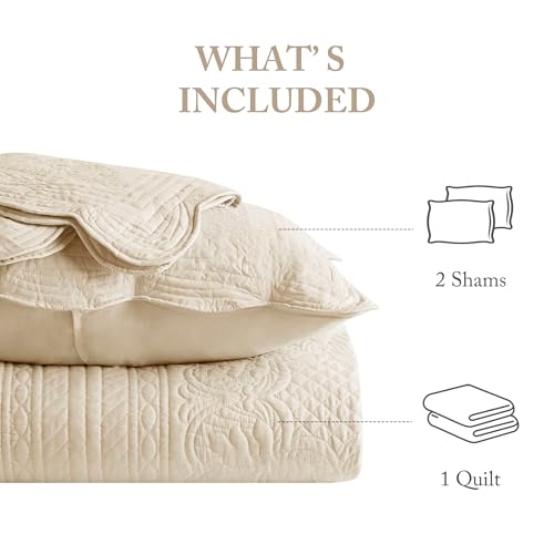 Image of Madison Park Cottage Damask Coverlet Set, 3 PC Full /Queen Quilt Set | Scallop Edge, All Season Oversized Bedding with Pre-washed Cotton-Filled Quilt, Shams, Cream