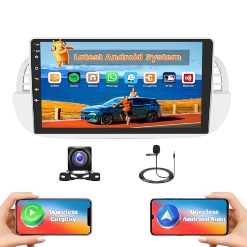 Hikity 2G+64G Android Radio Coche para Fiat 500 2007-2015 con Pantalla Táctil de 9 Pulgadas, Radio 2 DIN con Carplay Android Auto inalámbrico RDS/FM BT Radio GPS WiFi + Cámara Trasera + Mic
