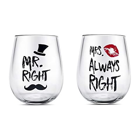 BigNoseDeer Mr Right Wine Couple Glasses 14oz Stemless Crystal Wine Glass Mugs Set,Wedding Mug for Bride and Groom for Couple Anniversary,Engagement,Christmas Valentines Day Cover