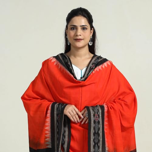 Image of Cotton Dupatta with weaving and Ikat woven border from the Weavers Stole for Girls & Women
