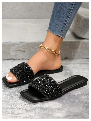 Image of GORGLITTER Women's Sparkly Jeweled Flat Sandals Dressy Open Toe Glitter Shiny Slippers Slip-on Shoes