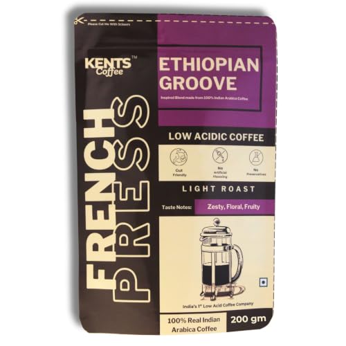 Image of Kents Coffee Ethiopian Groove LIGHT ROAST | LOW ACIDIC COFFEE | Course Grind | French Press & Channi | Hot & Cold Brew | 100% Arabica Powder | Chikmangalur | Single Estate | Gut Friednly | Zesty, Floral, Fruity | Best Black Coffee on Citrus Note | Sun Dried Arabica Speciality Pack (200Gm)