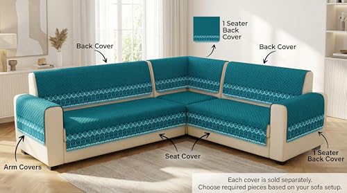 Image of Velvet L Shape 2+2 (4 Seater) Sofa Cover Fully Covered | Anti Skid Non Slip | Plain Aqua Blue | Washable Furniture Protector