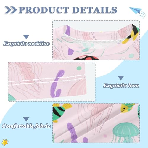 Under Ocean Animal Jellyfish Starfish Pink Colorful Short Sleeve Matching Bathing Suits for Kids Swimsuit for Kids Girls Rash Guard Girls for 3-12 Years trajes de bano para nina3