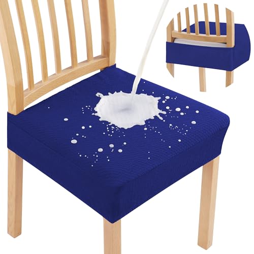 Image of Smiry Waterproof Seat Covers for Dining Room Chairs, No Rear Covers | Stretch Jacquard Removable Washable Chair Seat Slipcovers Protector, Set of 2, Royal Blue