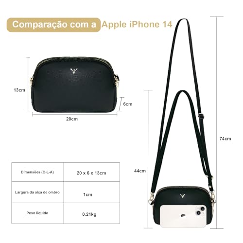 Bolsa Transversal Feminina em Couro Vegano, 3 Compartimentos com Zíper, Alça Ajustável (Preto)