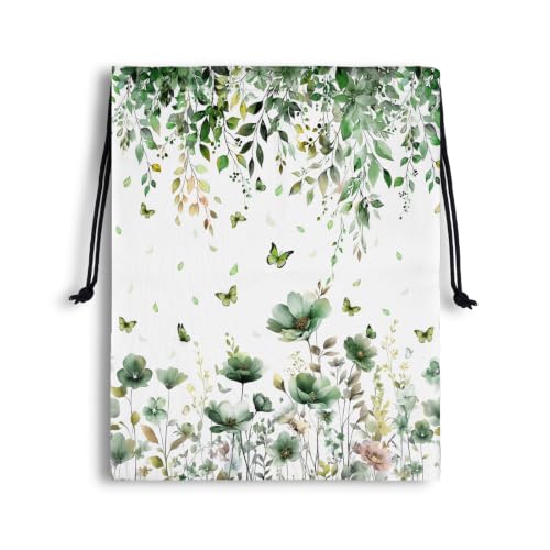 Image of Green Floral Drawstring Bag Butterfly Print Gym Pouch Bags for Storage Cloth Shoes