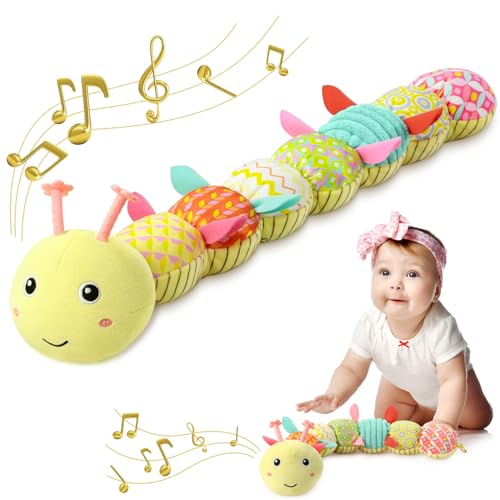 Image of Awotoy Baby Toys 0 to 12 Months, Musical Stuffed Animal Activity Soft Toys with Multi-Sensory Crinkle, Rattle and Textures, Infant Tummy Time Toys for Newborn Boys Girls, Caterpillar, Yellow