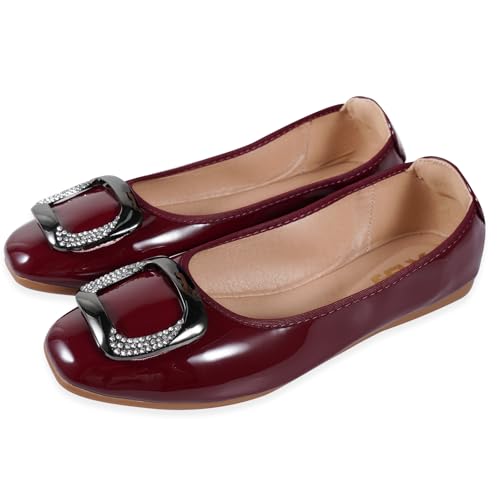 YOUNIFIZ Womens Foldable Soft Ballet Flats Square Toe Sparkly Beads Comfortable Slip On Ballerina Dress Flat Shoes (Light Wine Red,Size 8) by YOUNIFIZ - Used condition - Image 6