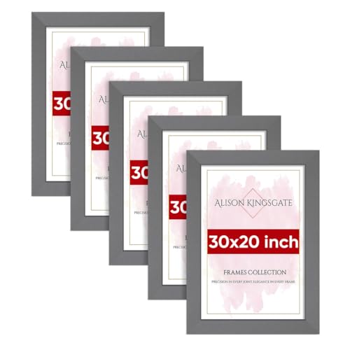Alison Kingsgate Modern 30X20 Dark Grey Photo Frame Pack of 5-Engineered Wood Picture Frames with Shatterproof Perspex - Ideal for Artwork-Wall Mount or Tabletop - Multiple Sizes & Colours Available