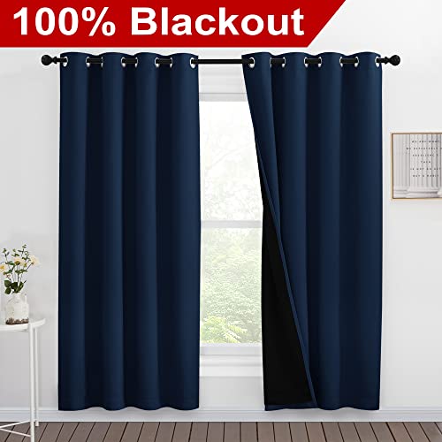 Image of NICETOWN Full Shade Curtain Panels, Pair of Energy Smart & Noise Blocking Out Blackout Drapes for Apartment Window, Thermal Insulated Guest Room Lined Window Dressing(Navy Blue, 55 x 78 inch)