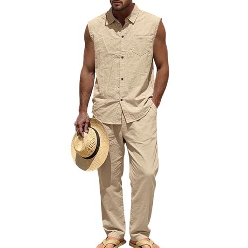 Viunychn Traje de lino para hombre, ligero, de 2 piezas, traje para hombre, transpirable, chándal de verano, ropa deportiva, traje de ocio, algodón, traje de playa de dos piezas, pantalones holgados