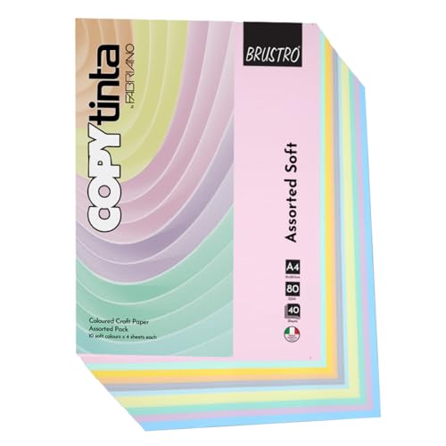 Image of BRUSTRO Copytinta Mixed Soft Colour Craft Paper | A4 Size, 80 GSM | Pack of 40 Sheets (10 colors X 4 Sheets) | Double Side Colored, Ideal for Origami, Scrapbooking, Making Card, DIY Art & Craft.